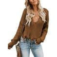 thumbnail image 1 of Asyoly Women's Waffle Knit Sweater V Neck Long Sleeve Ripped Distressed Pullover Solid Color Jumper Loose Knitwear Tops, 1 of 6