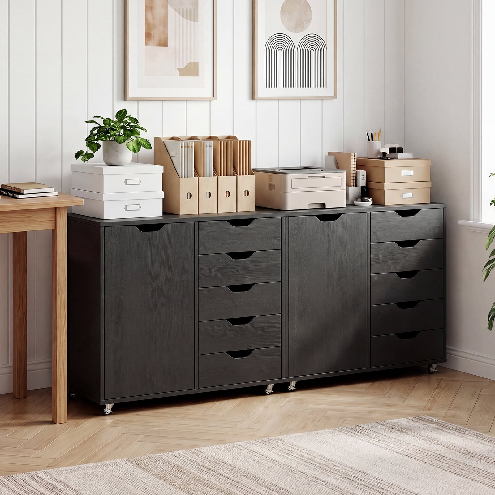 Costway 5-Drawer File Cabinet with Door, Wheels and 5-Level Adjustable Shelf for Home Black