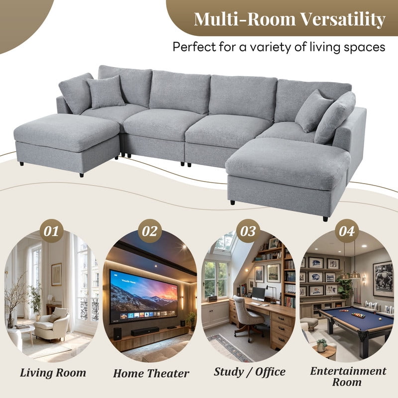 U-Shaped Modular Sectional Sofa with 2 Movable Ottomans, 128'' Chenille Upholstery Sofa Couch, 6-Piece Configurable Couch, Deep Seat Sofa for Living Room, Home Theater