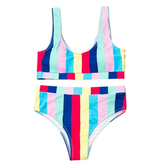 QLEICOM Womens Swimsuits Tummy Control Plus Size Swimsuit Coverup Multicolor Stripe Bikini Set Push-Up Brazilian Swimwear Beachwear Swimsuit Multicolor L