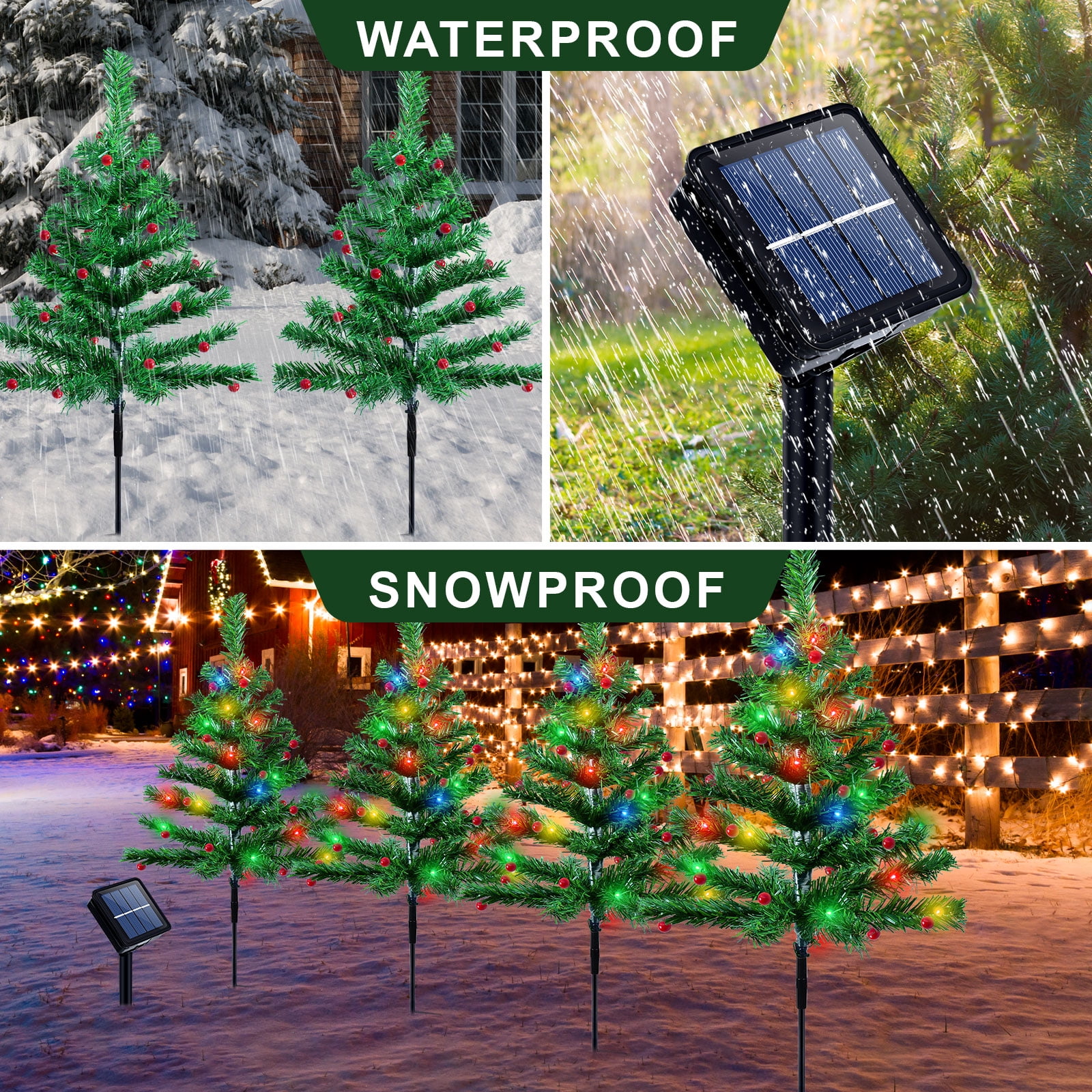 Qoosea Solar Christmas Tree Garden Stake Lights, 4 pack Waterproof Christmas Decorations Tree Lights Outdoor Xmas Tree Light Christmas Décor Pathway Lights Patio Yard