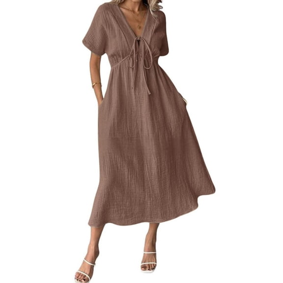 sicmoss Women's Brown Cotton Boho V-Neck Tunic Dress Short Sleeve Long Loose with Pockets Summer