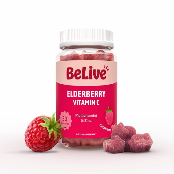 BeLive Elderberry Gummies with Vitamin C – Double Strength Elderberry with Immune Boosting Vitamin D, B-Complex, and Zinc - Raspberry Flavor (50 count)