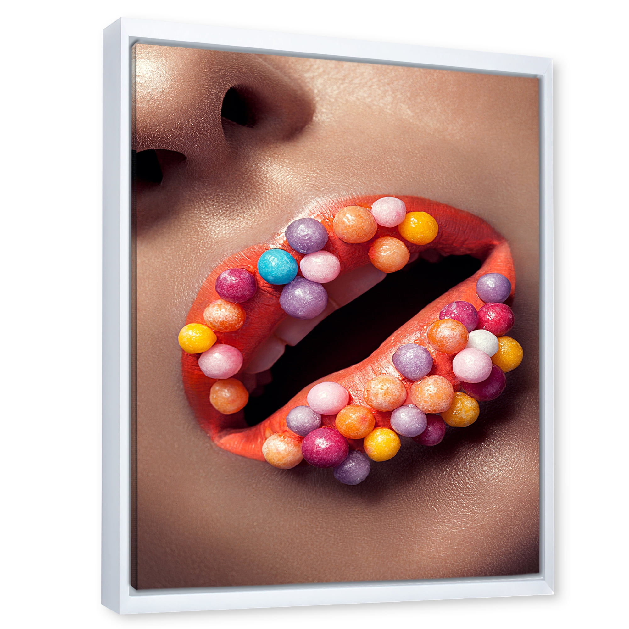 Close Up of Creative Make Up On Woman Lips With Lollipops 16 in x 32 in Framed Photography Canvas Art Print, by Designart
