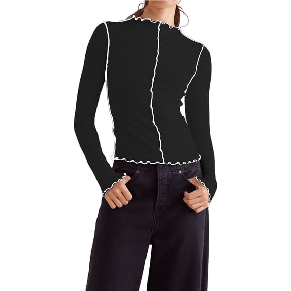 Holzkary Women Casual Long Sleeve Mock Neck T-Shirts Lettuce Trim Seamed Ribbed Knit Tee Shirt Top Y2K Slim Fit Tight Tops Versatile T Shirt with Contrasting Colors and Rolled Edges Black L