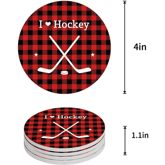 FMSHPON I Love Hockey Stripe Red Plaid Set of 4 Round Coaster for Drinks, Absorbent Ceramic Stone Coasters Cup Mat with Cork Base for Home Kitchen Room Coffee Table Bar Decor