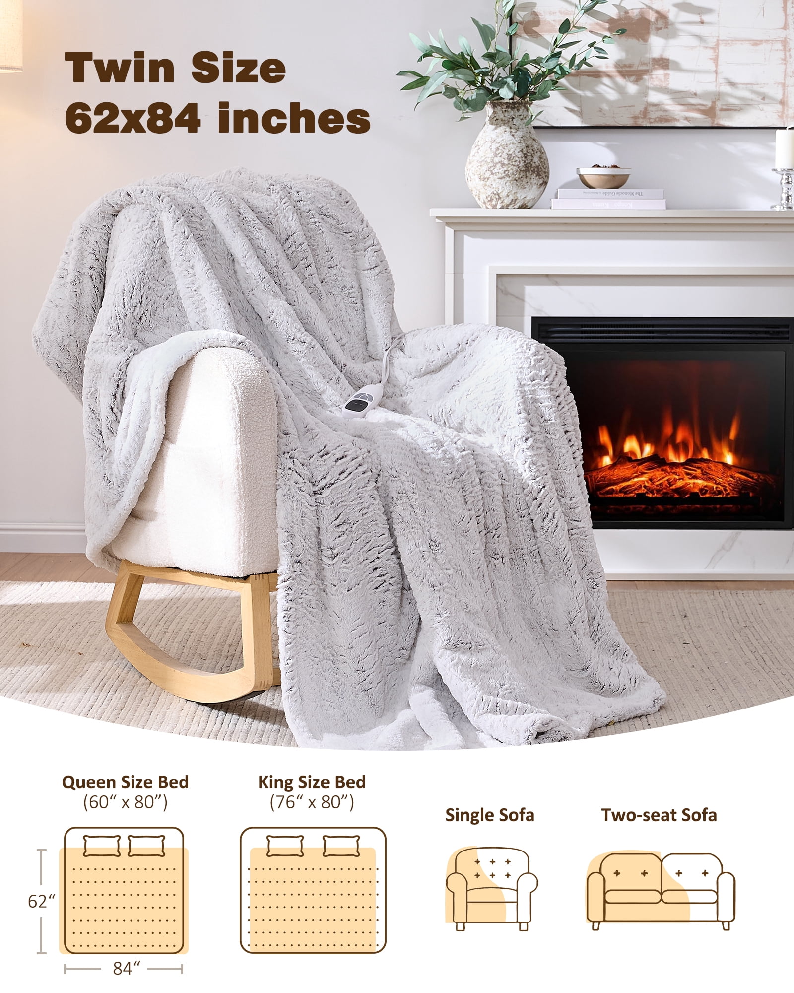 Ocuuziisu 62" × 84" Twin Size Electric Heated Blanket — 9 Heat Levels, 1–10H Timer, Fast Even Warming Electric Blanket, Machine Washable — Brushed White
