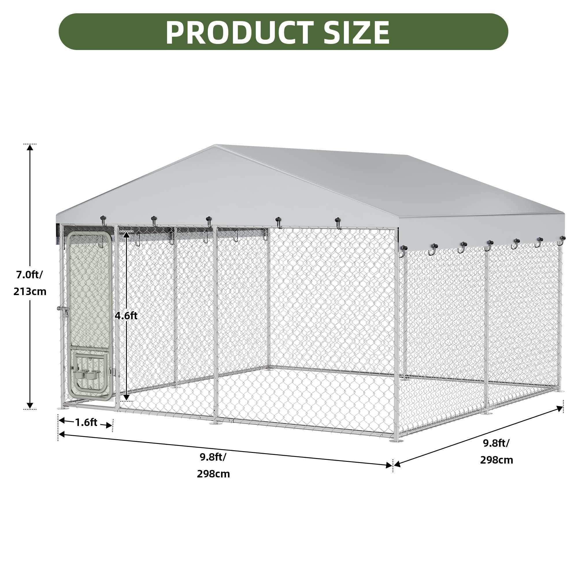Uforic 10'x10' Large Outdoor Dog Kennel with Rotating Feeder Bowls, Outdoor Dog Enclosure with Roof, Heavy Duty Dog Kennel for Backyard Farm