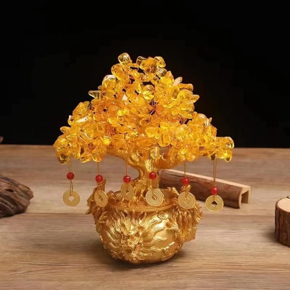 CRichMW Crystal Bonsai Citrine Tree Money Tree Feng Shui Decorative Dragon Pot (Gold Color)