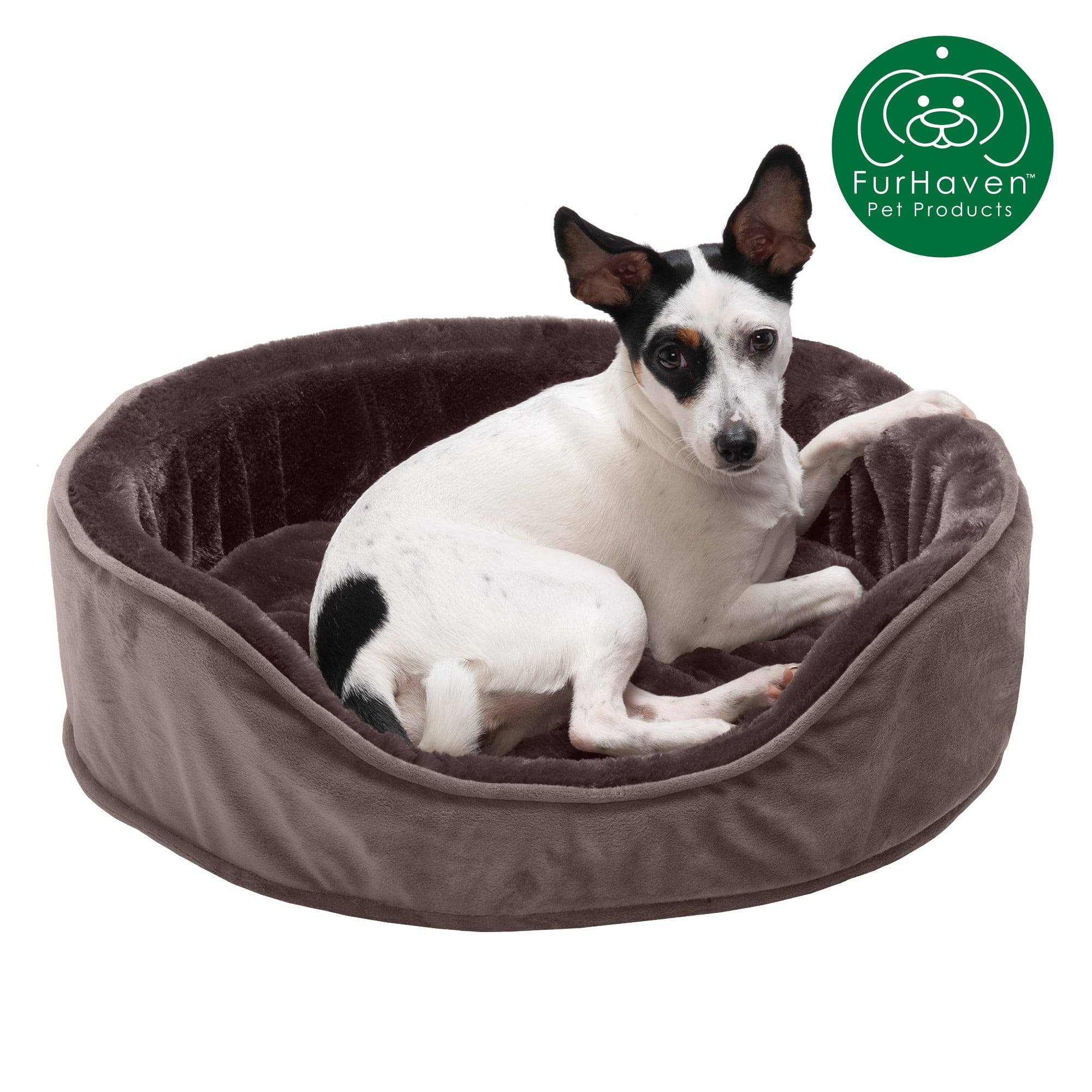 FurHaven | Orthopedic Plush & Velvet Oval Pet Bed for Dogs & Cats, Driftwood Brown, Medium