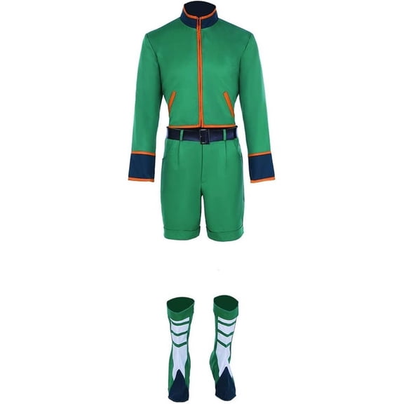 Mens Gon Freecss Inspired Green Hunter Uniform Costume Set with Jacket Pants and Belt