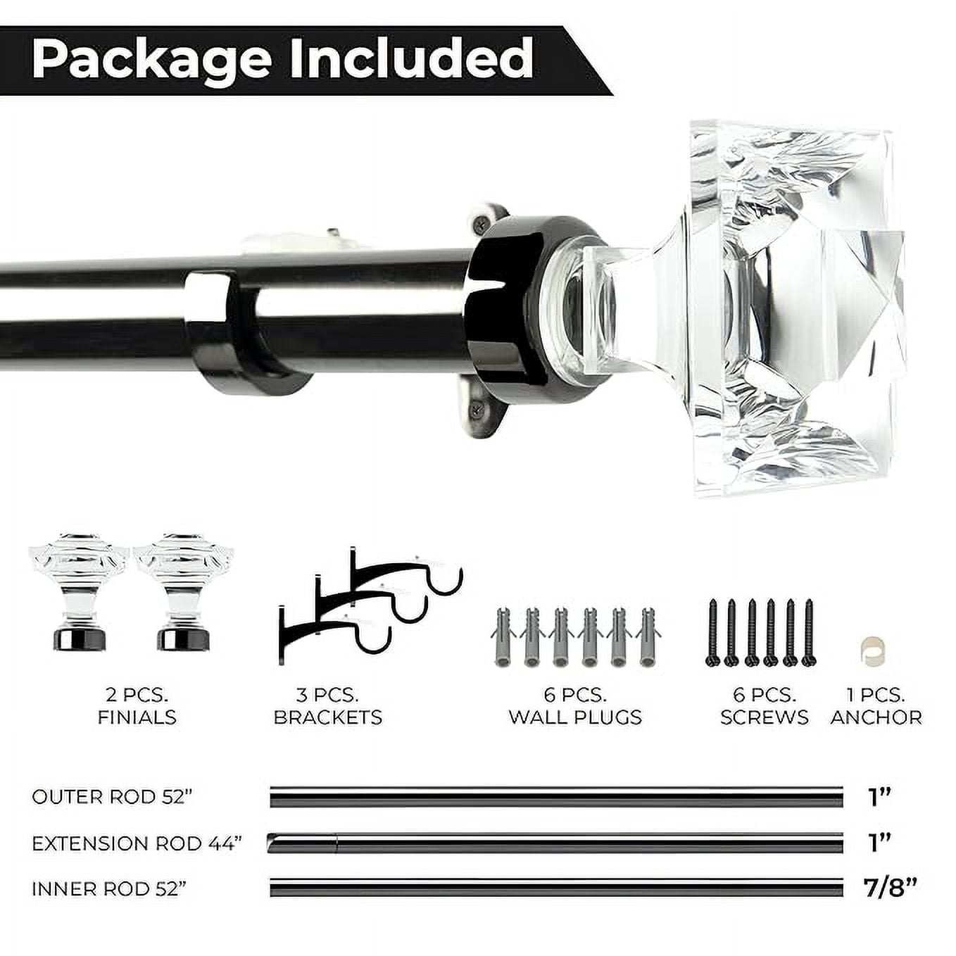 Deco Window 72 to 144 Inches Adjustable Curtain Rod for Windows with Arcyclic square Finials & Bracket Set (1'' Diameter, Nickel)