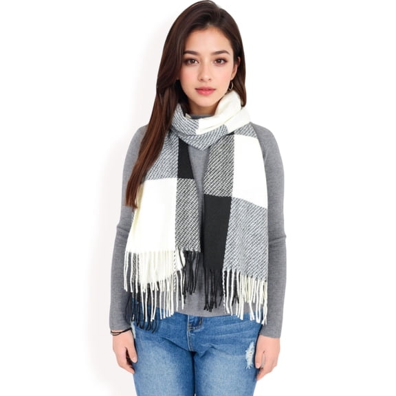 Women's Oversized Plaid Blanket Scarf with Fringe Trim and Soft Textured Fabric-Black