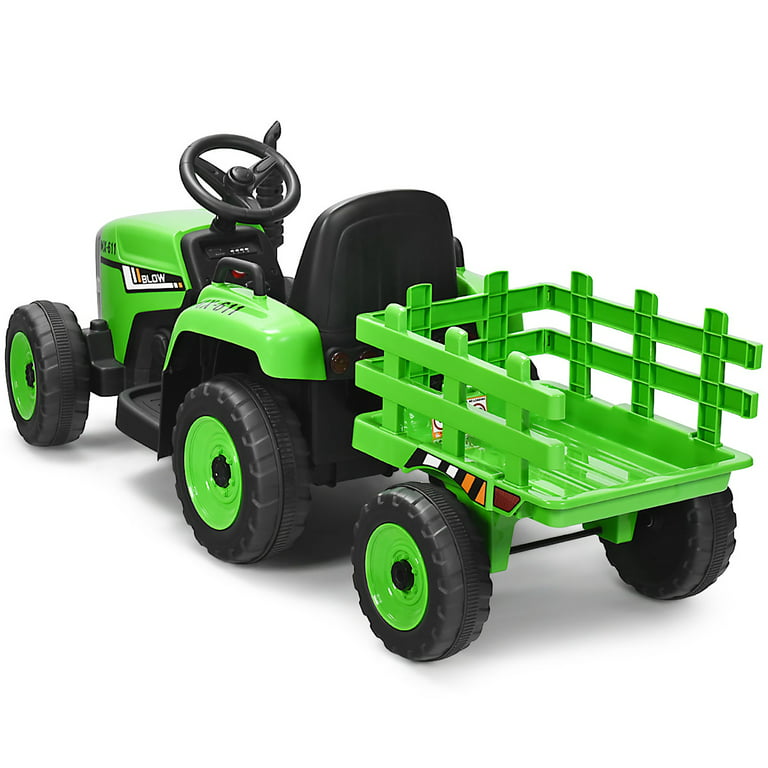 Costway 12V Kids Ride On Tractor with Trailer Ground Loader w/ RC & Lights RedPinkGreen - Green