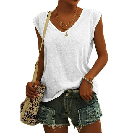 

SHUDAGENG Womens Tops Tank Sleeveless Chemise Solid V-Neck White XL