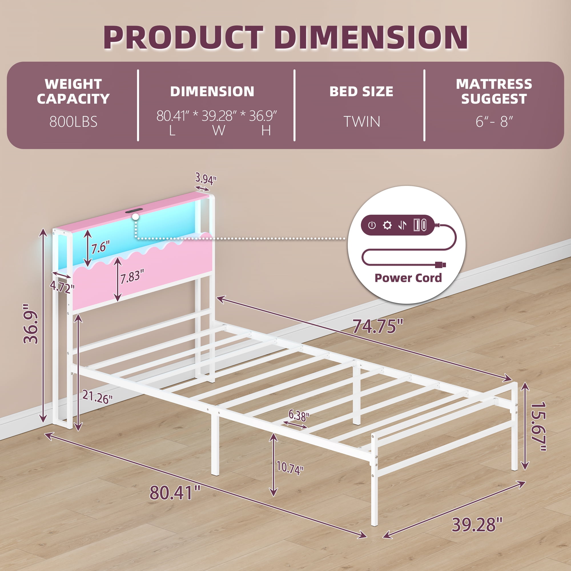 Yoneston Girl’s Twin Size Metal Platform Bed with Wave Shaped 2-Tier Storage Headboard, LED Light & Power Station for Kids, Teens, Pink & White
