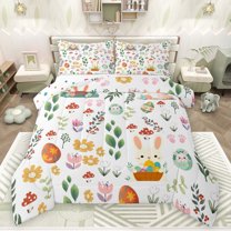 Feelyou Cartoon Jungle Rabbit Full Size Comforter Sets, Flower Leaf Botanical Bedding Comforter Set, Western Easter Festival Reversible Bedding Sets, Ultra Soft Bedroom Decor, 3 Pieces