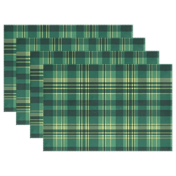 Grid Dark Green Lattice 4 PCs Placemats Set Linen Non-Slip Table Mat Rectangular Washable for Dining Kitchen Party 12"x18"