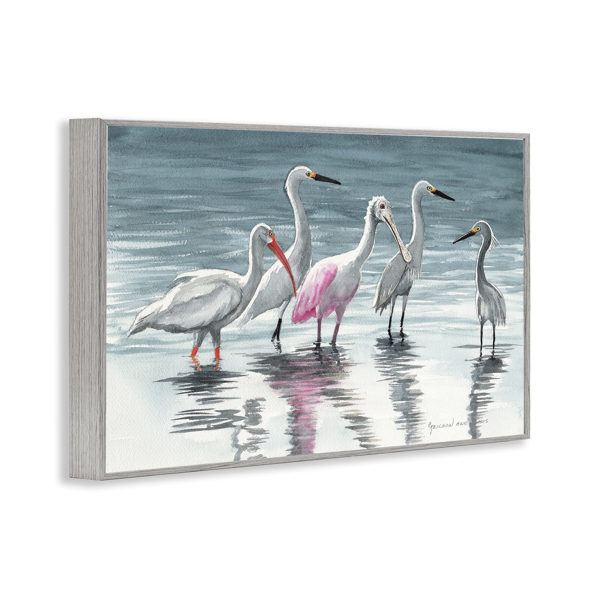 Stupell Industries Herons Stepping in Shore Animals & Insects Painting Gray Framed Art Print Wall Art, 30 x 20