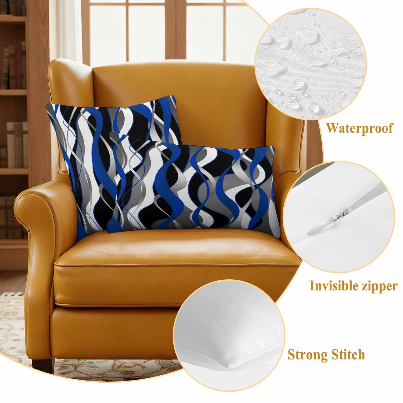 Blue Black Stripes Outdoor Waterproof Pillow Covers, Modern Abstract Ombre Grey White Lines Decorative Rectangle Throw Pillowcase Sofa Cushion Sham for Patio/Couch/Chair, 20"x12" 2 Pack