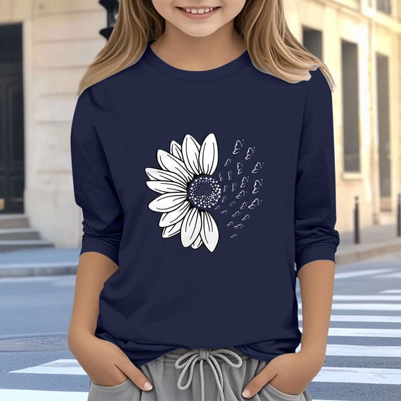 Big Kids Girls Navy 3/4 Sleeve Shirt Casual Crewneck Top Stretchy Soft Tee Cute Butterfly Flower Graphic,Size 4-5T