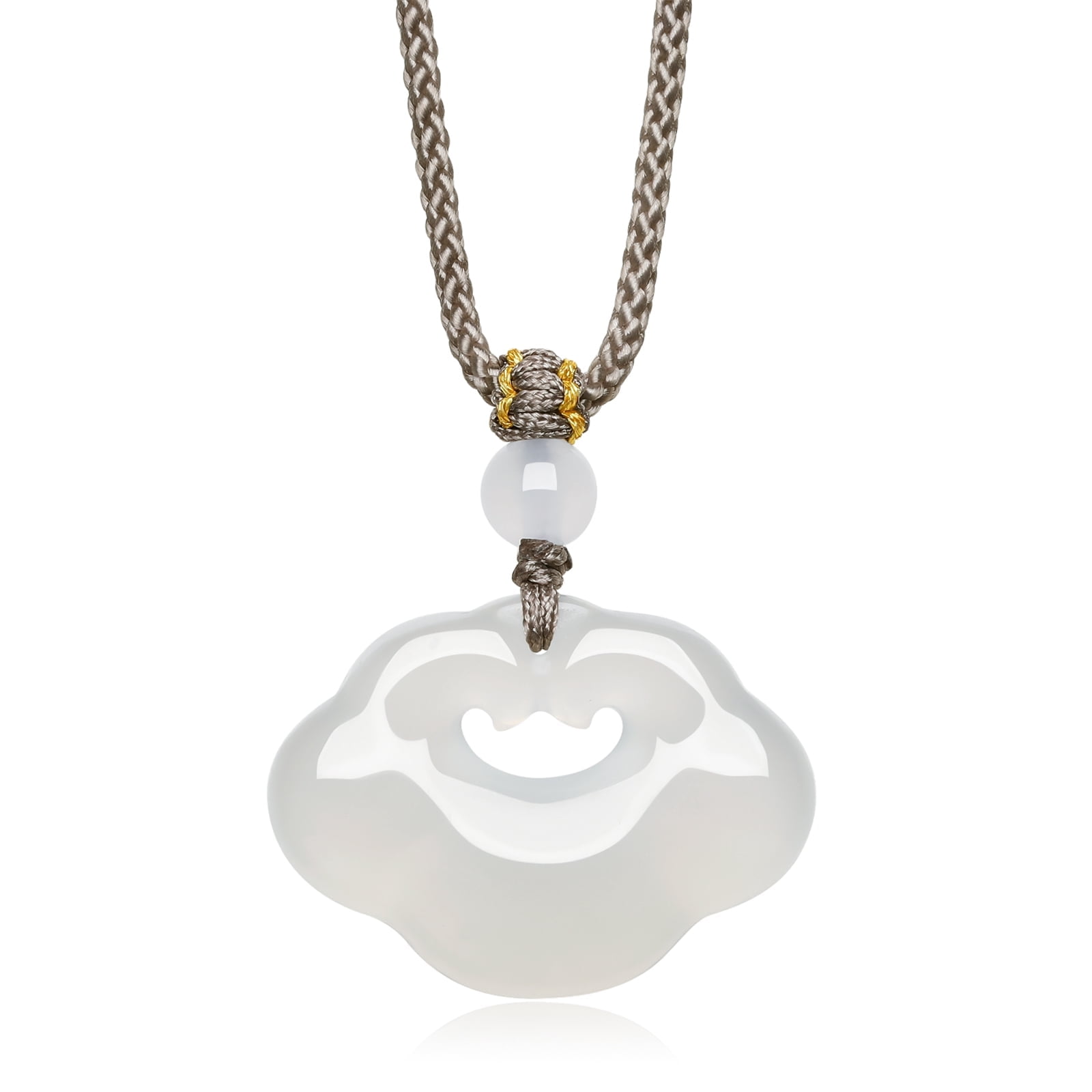 Natural Chalcedony Ruyi Lock Pendant Necklace Adjustable Braided Cord Lucky Jade Pendants Feng Shui Charm Fine Jewelry for Women Men Healing Gemstone Gift
