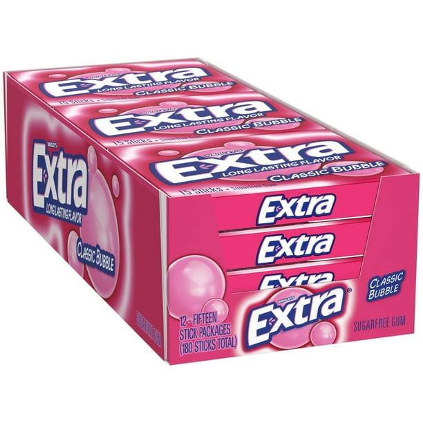 Extra Classic Bubble SugarFree Gum (15 Count, 12 Packs.)