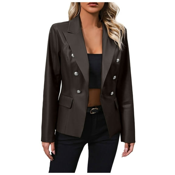 Women's Stylish Double PU Leather Jacket Coat Elegant Suit Outerwear