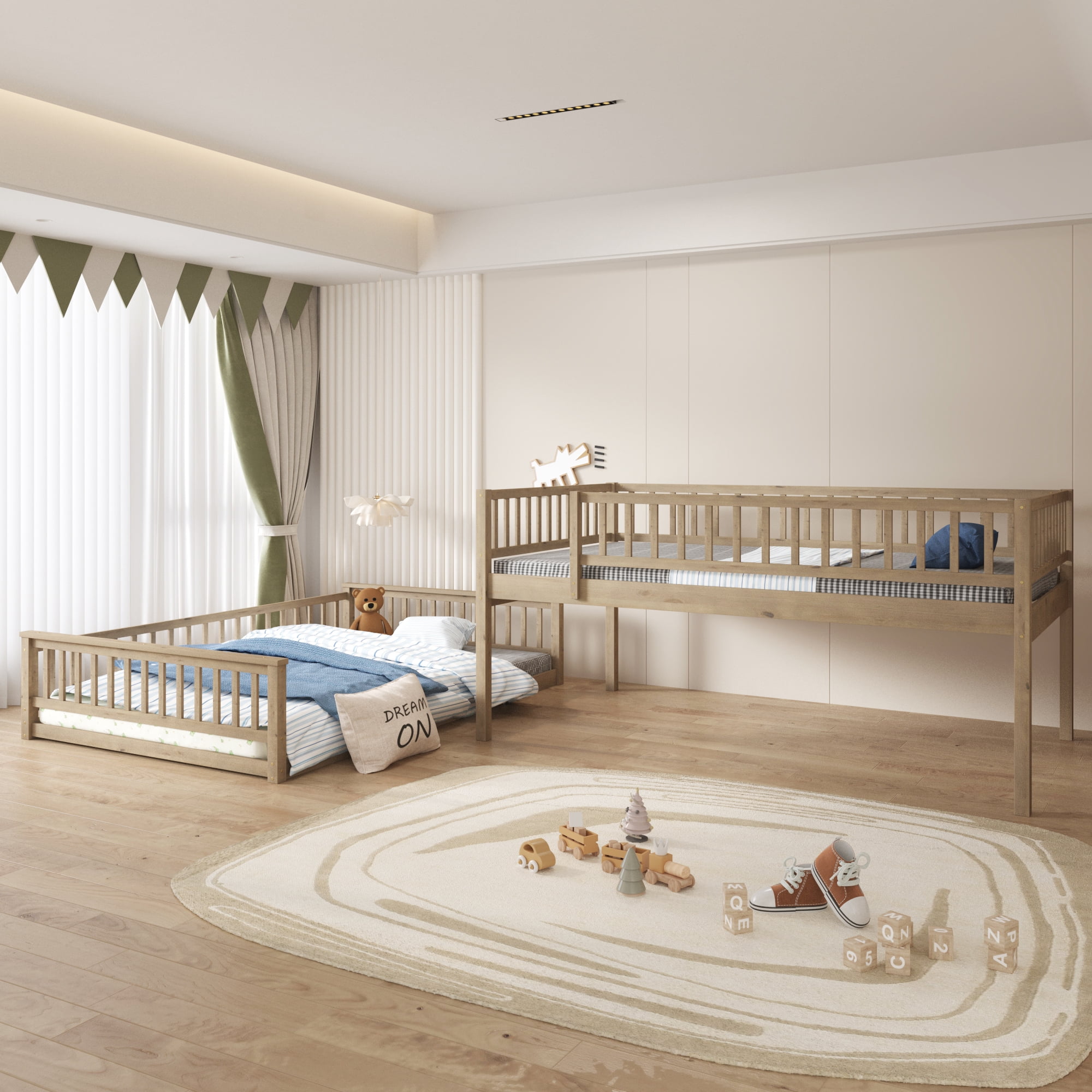 Aukfa Heavy Duty Full over Queen Bunk Bed with High Guardrail, Convertible 2 Beds for Kids, Teens and Adults, Walnut
