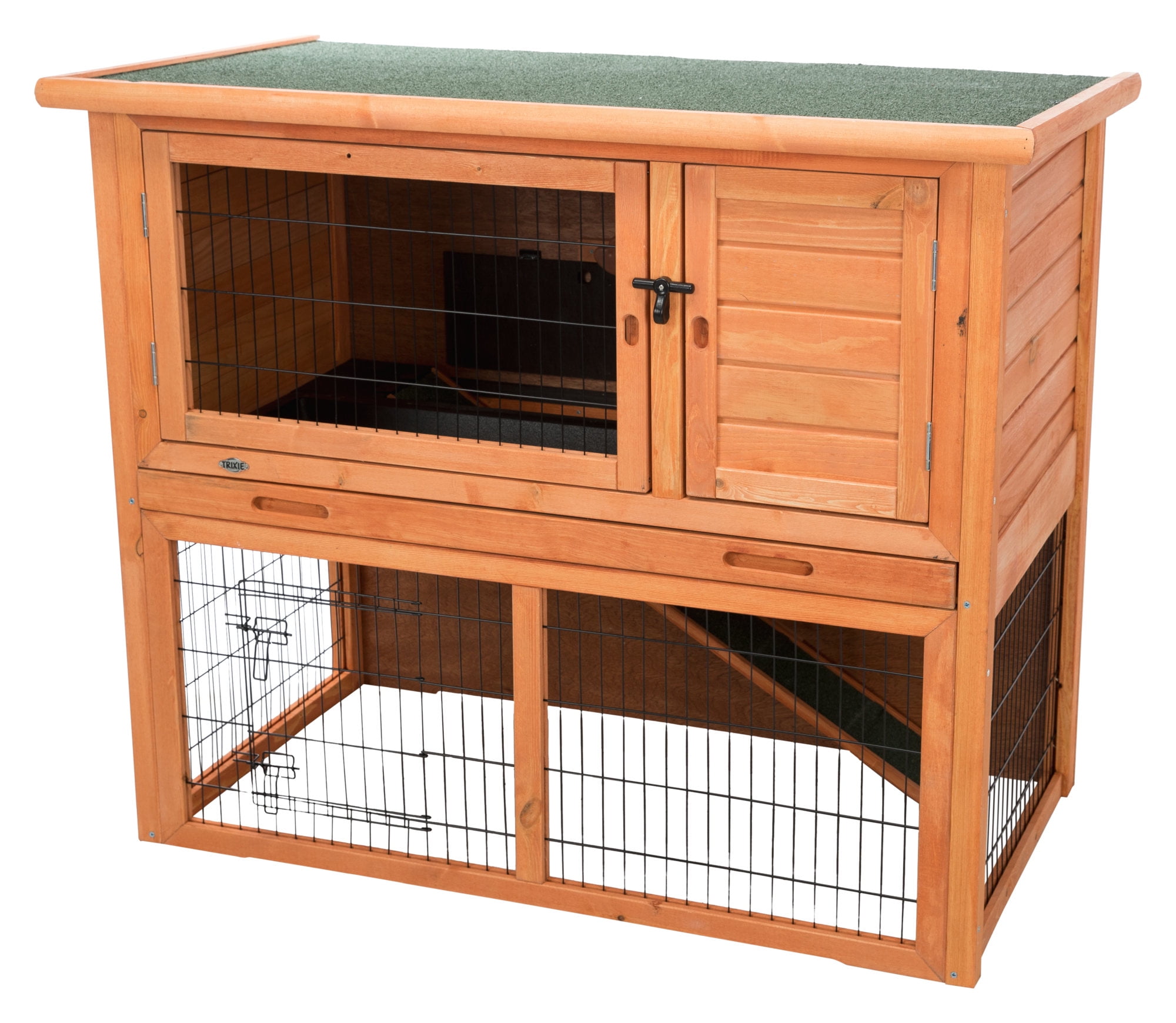 TRIXIE natura Weatherproof Outdoor 2-Story Large Wooden Small Animal Hutch  with Outdoor Run & Pull-Out Tray, Brown 
