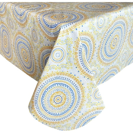 

Linhiian Boho Easter Circle Stitch Polyeste Tablecloth with Flannel Backing Blue and Yellow Spring Boho Chic Flannel Backed Polyeste Tablecloth 60 Inch x 84 Inch Oval