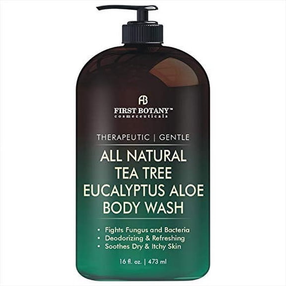 First Botany All Natural Tea Tree Body Wash 16oz Fights Body Odor, Athlete’s Foot, Jock Itch, Nail Issues, Dandruff, Acne, Eczema, Shower Gel for Women & Men, Eucalyptus Aloe Skin Cleanser