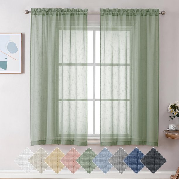 Aiyufeng Kirei Cortinas transparentes de lino verde salvia de 63 pulgadas de largo – Material de lino de primera calidad, suave, semitransparente, media privacidad protegida para sala de estar, dormit