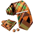 thumbnail image 4 of Barry.Wang Silk Ties for Men Designer Fun Green Necktie Clip Pocket Square Cufflinks Wedding Party Festival Orange 5PC, 4 of 5