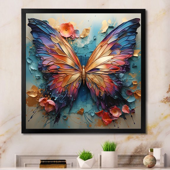 Designart "Metallic Orange and Blue Butterfly" Animals Framed Wall Art Decor - Modern Orange Butterfly Hallway Framed Wall Art Decor