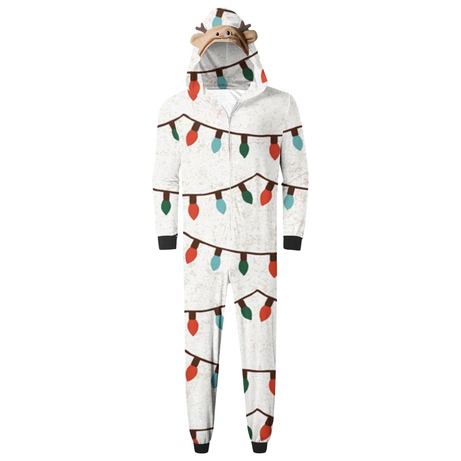 Odeerbi Matching Family Christmas Pajamas Sets Hooded Onesie Sleepwear Mens Xmas Light String Print Plush Jumpsuit Long Sleeve Family Parent-Child Wear Loungewear Sleepwear Jammies for Dad