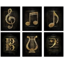 Vintage Music Symbolic Art Print Music Wall Decor - Black Golden Music Notes Music Elements Musical Instrument Canvas Posters - Music Room Decor - Set of 6 - (8"x10" Unframed) - Music Wall Art