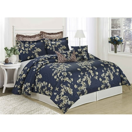 Nature Bedding Sets Unique Home Sojourn 8 Piece Comforter Set Nature Foral Style Clearence Bedding Comforter Set Fade Resistant, Wrinkle Free, No Ironing Necessary, Super Soft (King, Navy) ()