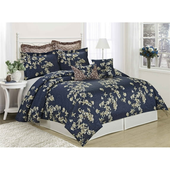 Unique Home Sojourn 8 Piece Comforter Set Nature Foral Style Clearence Bedding Comforter Set Fade Resistant, Wrinkle Free, No Ironing Necessary, Super Soft (Queen, Navy)
