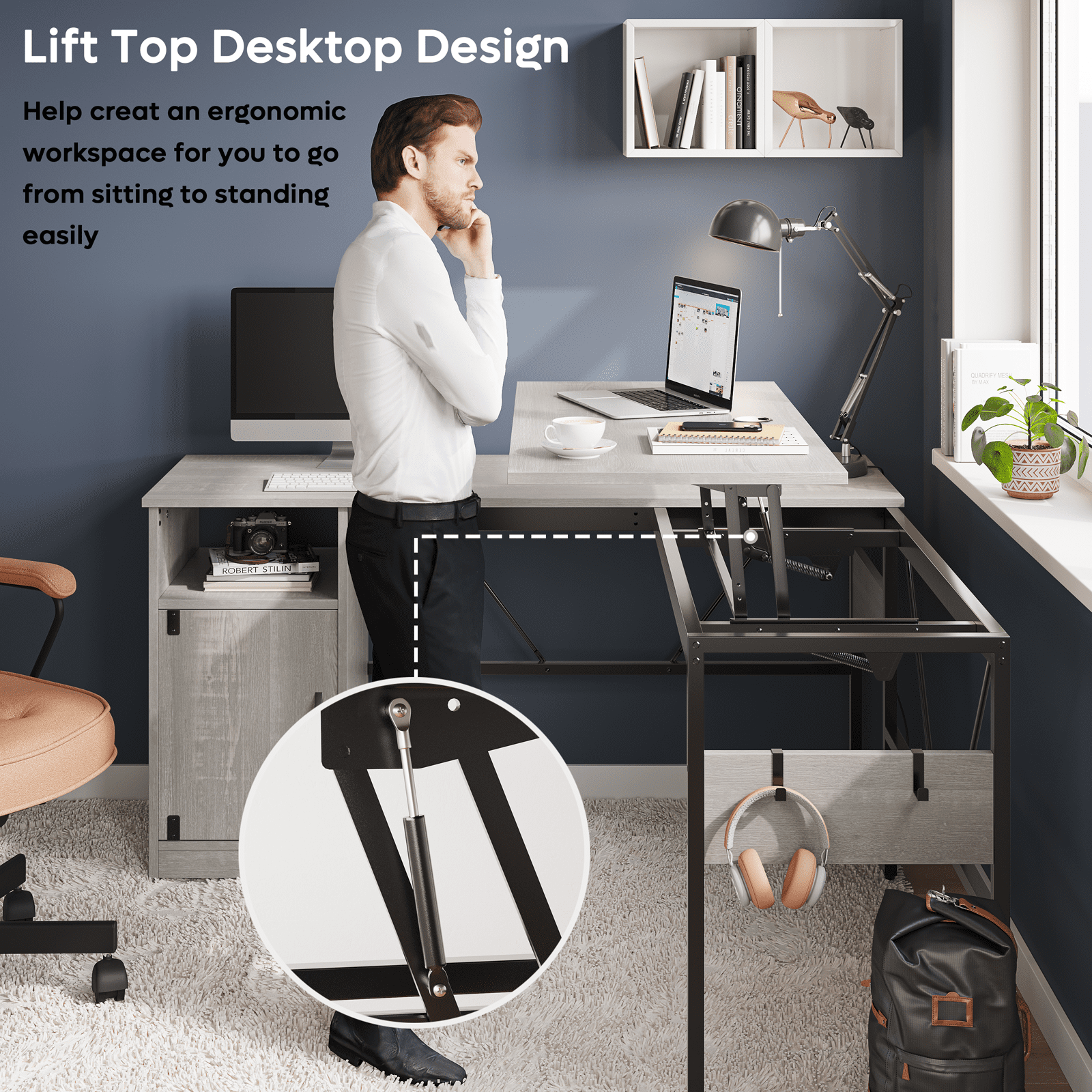 Bestier Versatile 60 Inch L-Shaped Standing Desk, Lift Top Corner Desk Extending to 95 Inches with Storage Cabinet and Hooks for Home Office, Washed White
