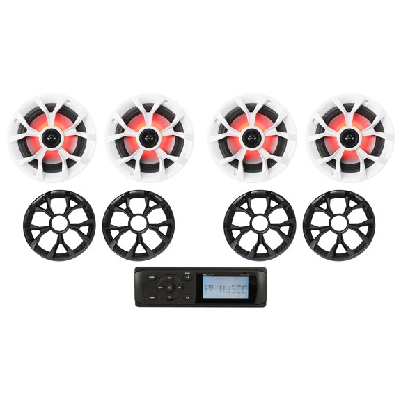 MB Quart MDR2.0 1-Din Marine/Boat Bluetooth/USB Receiver (4) 6.5" LED Speakers