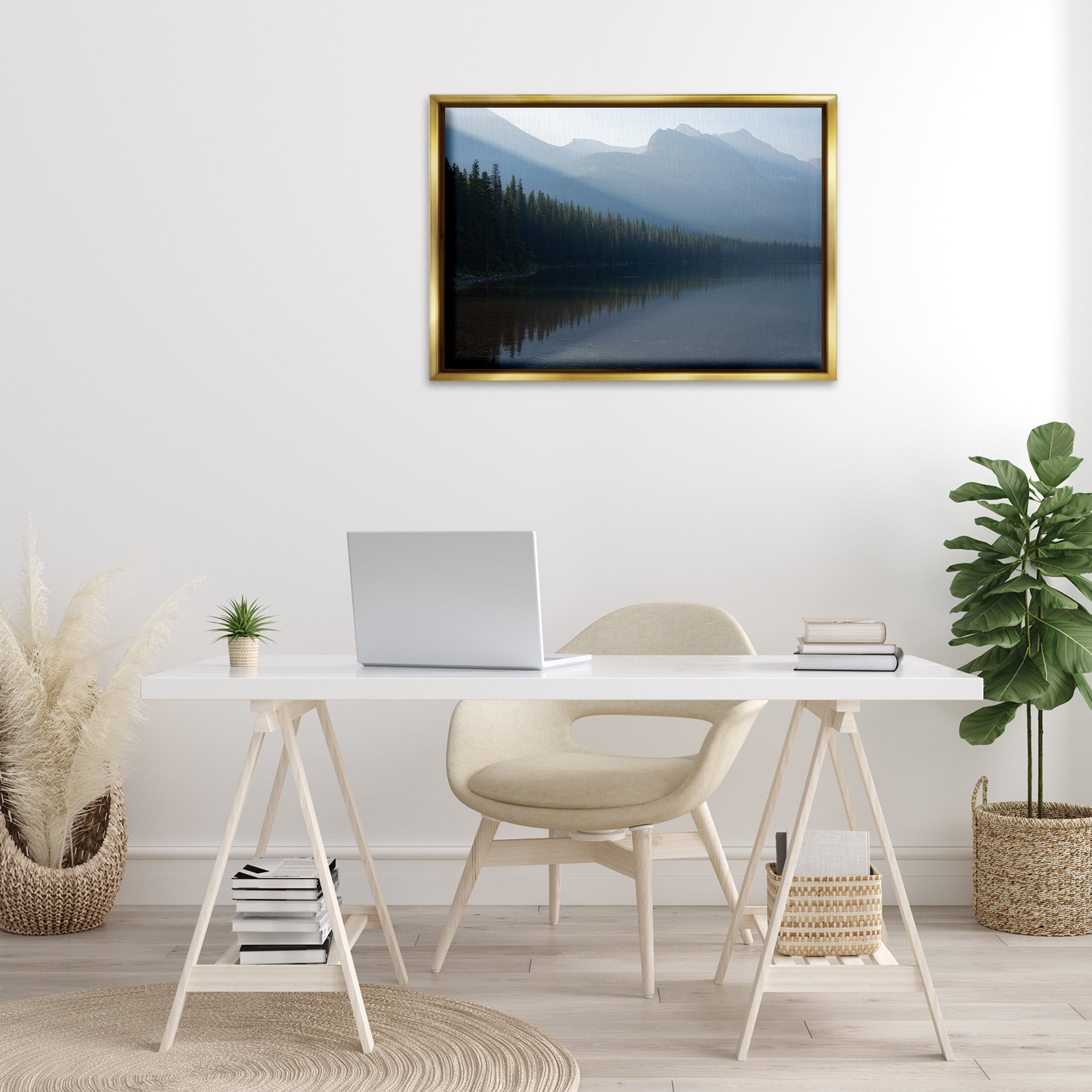 Stupell Industries Foggy Lakeside Trees Landscape Photography Gold Floater Framed Art Print Wall Art, 31 x 21