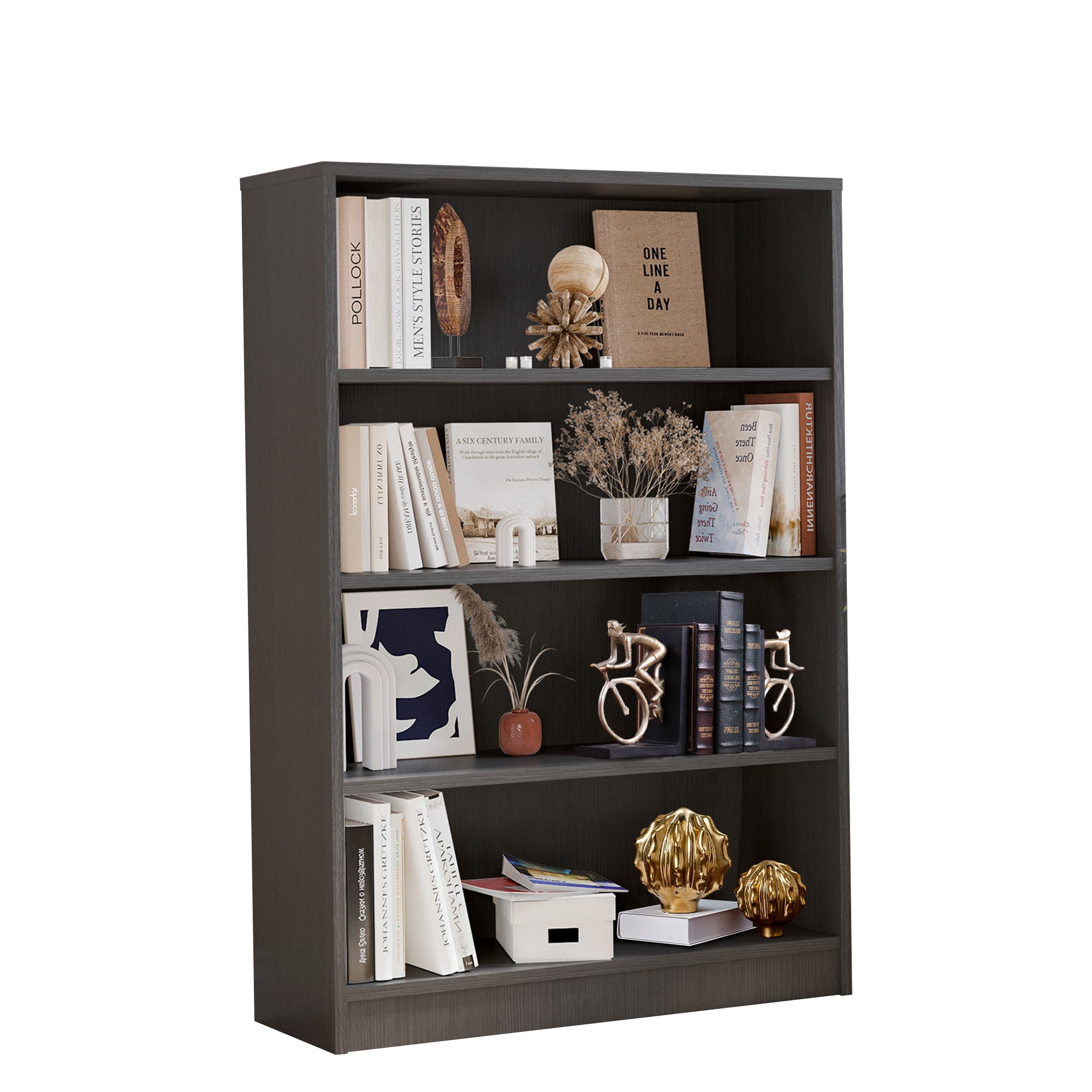 MAYEERTY Gray 4-Shelf Modern Wood Bookcase, 48" Tall, for Bedroom, Living Room, and Manga Library