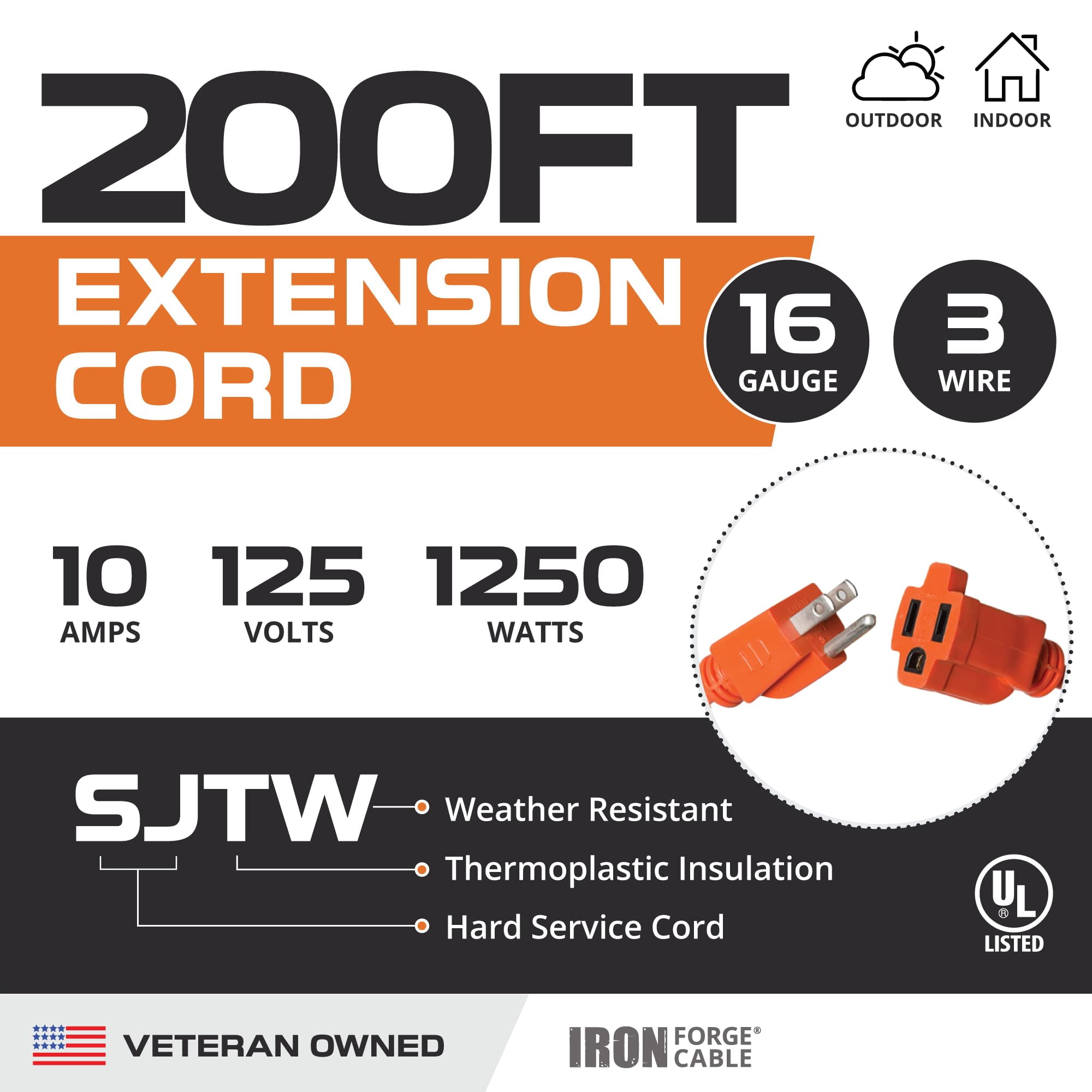 Iron Forge Cable Weatherproof 200 Ft Outdoor Extension Cord - 16/3 SJTW 10 Amp Heavy Duty Highly Visible Orange Extension Cord 3 Prong - Lighted End