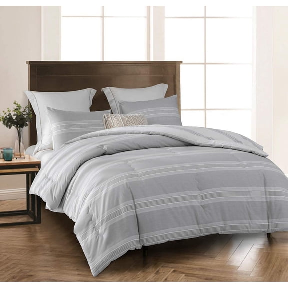 Comforter Queen Size, 600 Thread Count Cotton Light Gray & White Stripes Reversible Pattern Grey Comforter Sets, Down Alternative Bedding Set 3Pcs (Queen, Grey Stripes)