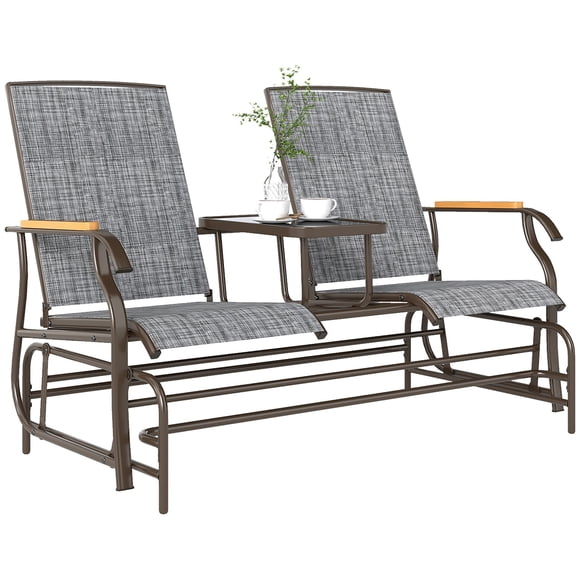 Outdoor 2-Person Glider Bench, Grey Steel Frame Patio Loveseat with Breathable Mesh, Tempered Glass Table & Teak Armrests, 57.9" W Garden Swing Chair for Backyard and Porch