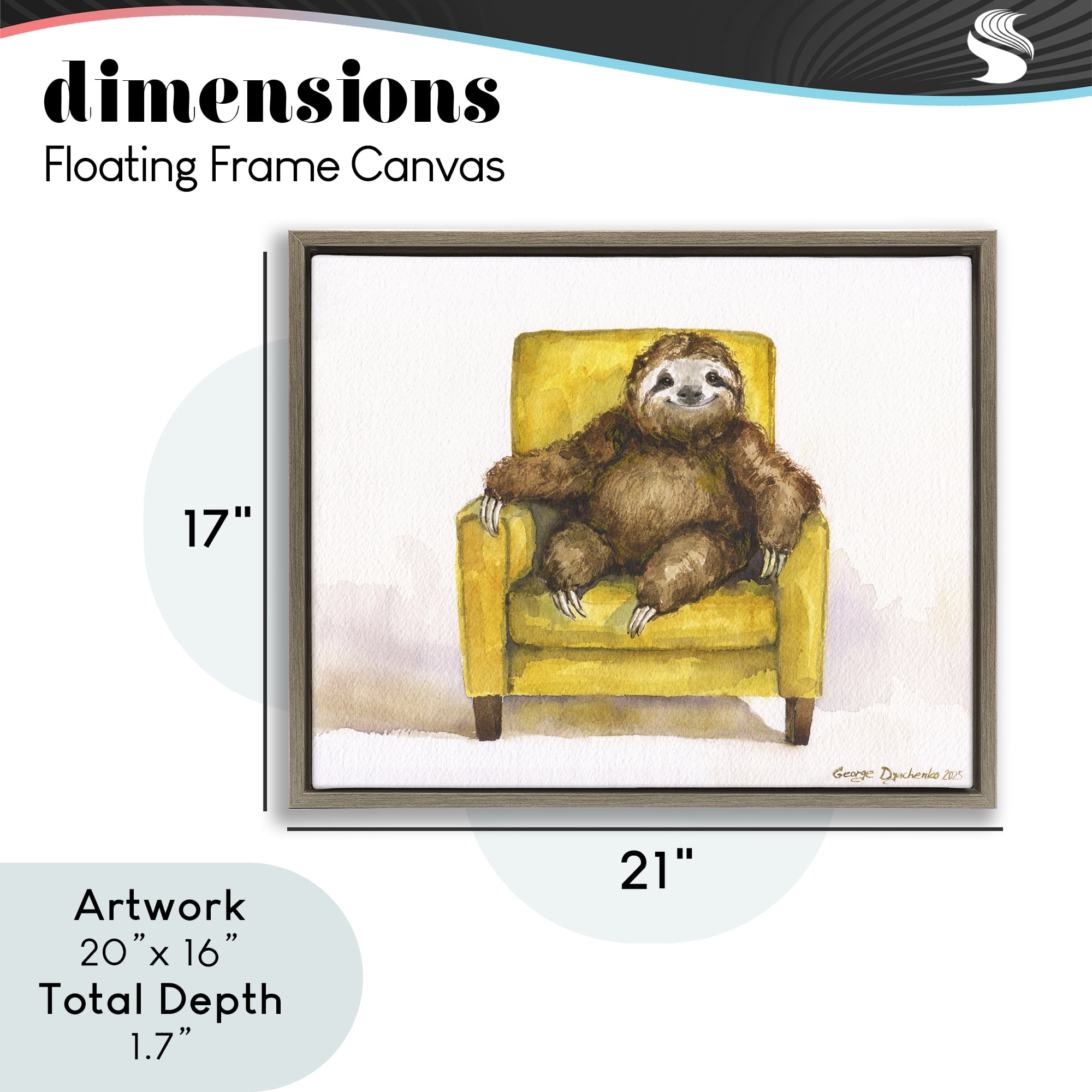 Stupell Industries Happy Sloth Relaxing on Armchair Brown Framed Floater Canvas Wall Art, design by George Dyachenko