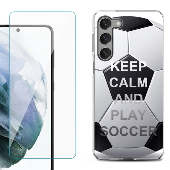 Shockproof Fashion Phone Case for Samsung Galaxy S23  / S23 Plus 5G, with Tempered Glass Screen Protector, by OneToughShield ® - Keep Calm Soccer