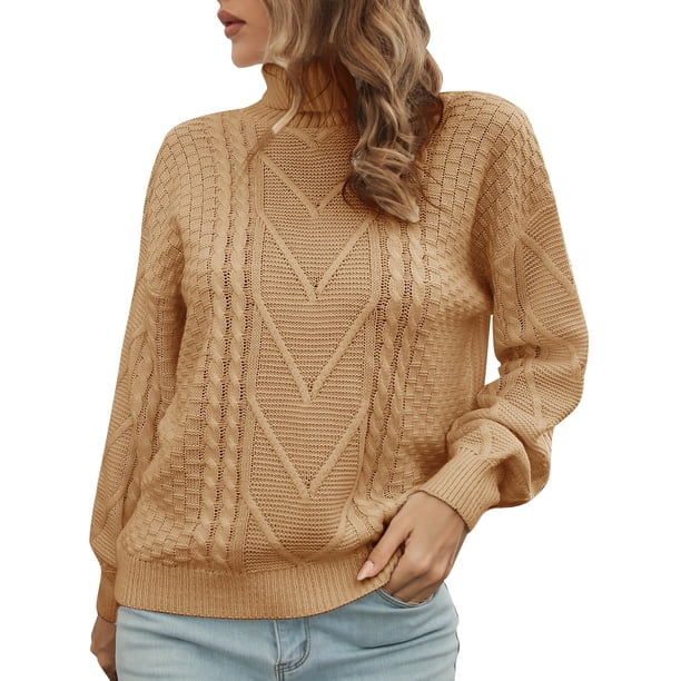 Camiseta mujer, Suéter de mujer Cuello alto Cable Suéteres casuales sueltos Tomshoo Beige/Medio