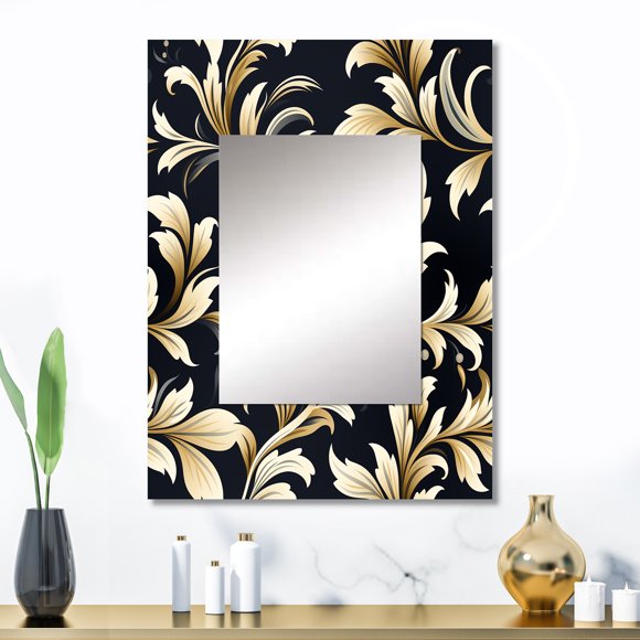 Designart "Smooth Beige Damask Elegance" Damask Wall Mirror, Printed Gold Wall Mirror, Bohemian Bathroom Wall Mirror, Decorative Damask Mirror - 24x32 Inch
